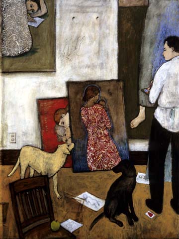"dogs with paintings of women"