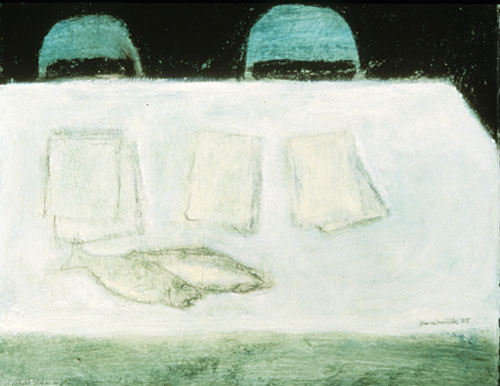 "Still life with papers and fish"