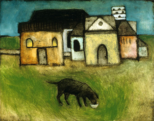 "dog and buildings"