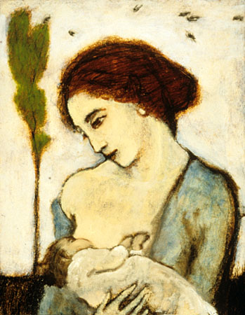 "Mother and child with sparrows"