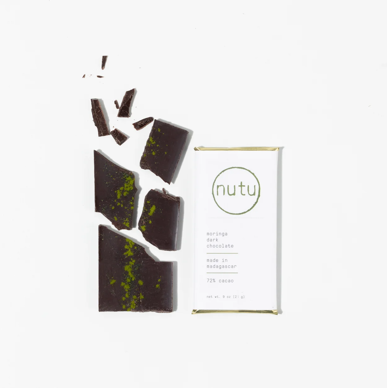 Squares of moringa dark chocolate, healthy snack from the most nutrient-dense plant in the world