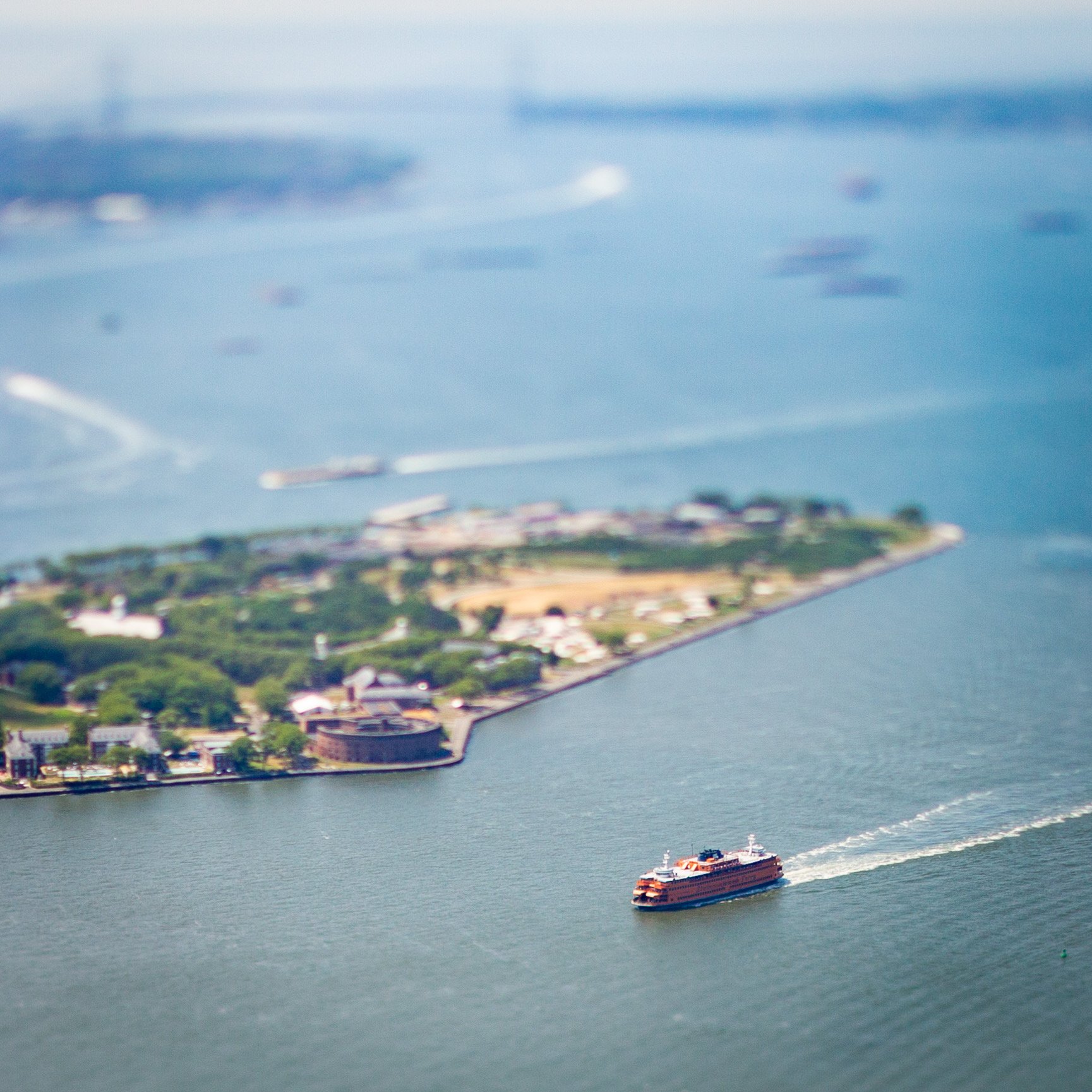 Staten Island Ferry through tilt-shift lens from Freedom Tower