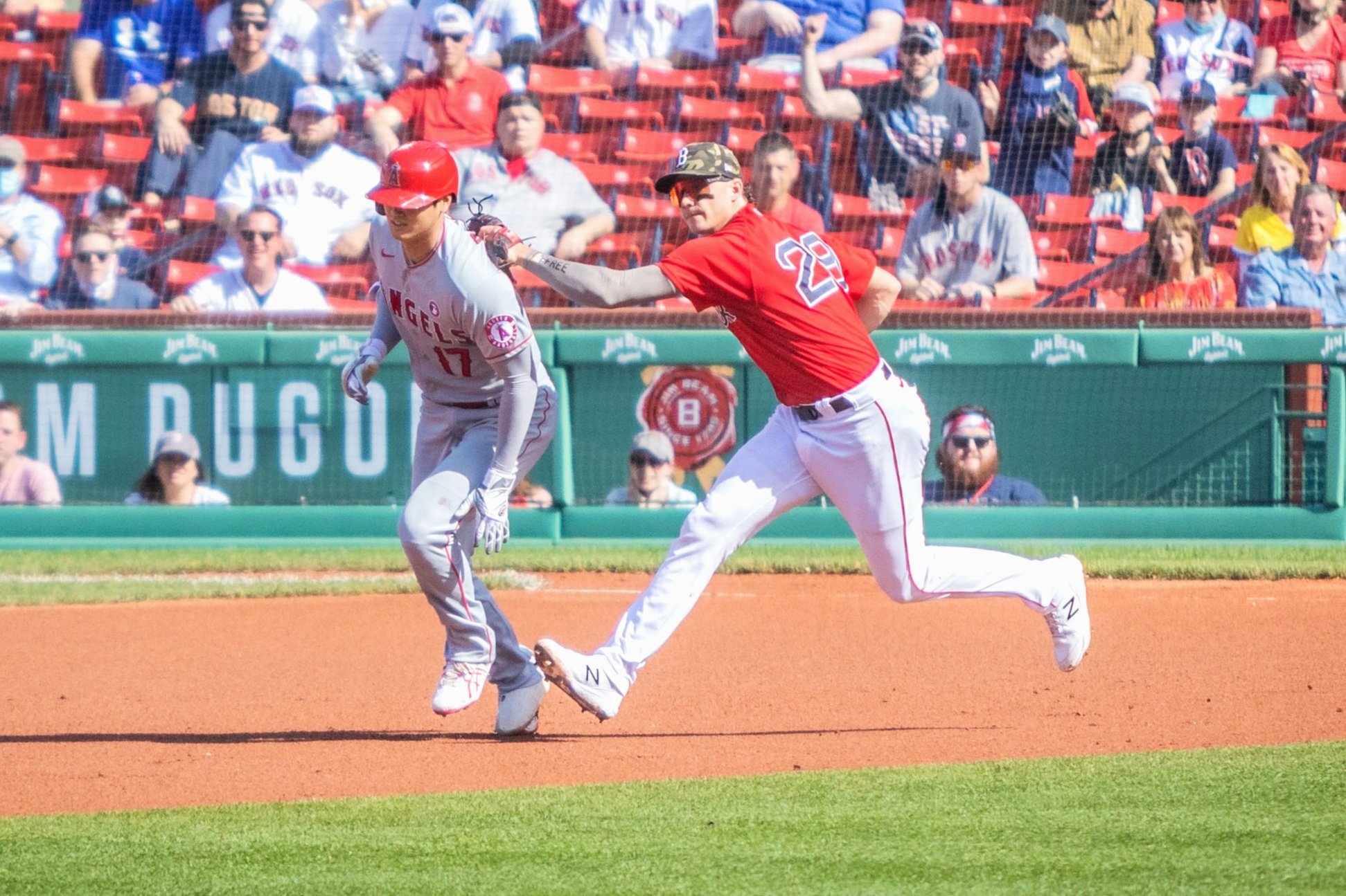 Angels hitting/pitching dual threat Shohei Ohtani is tagged out in a rundown, Boston, May 2021.