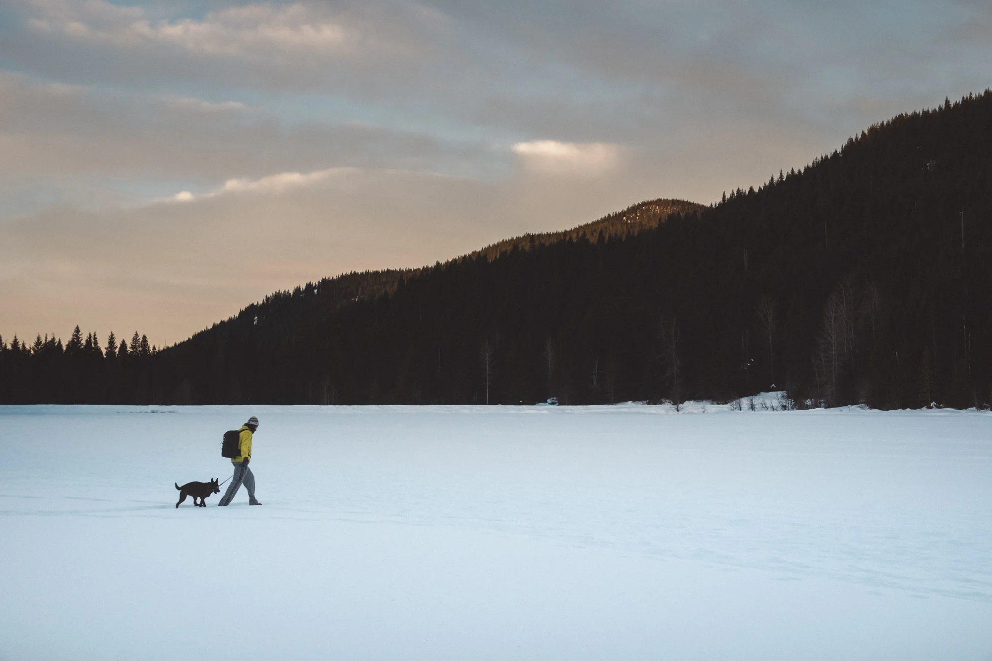 Luna and I walking on a frozen Trillium Lake, Mt Hood National Forest, OR.