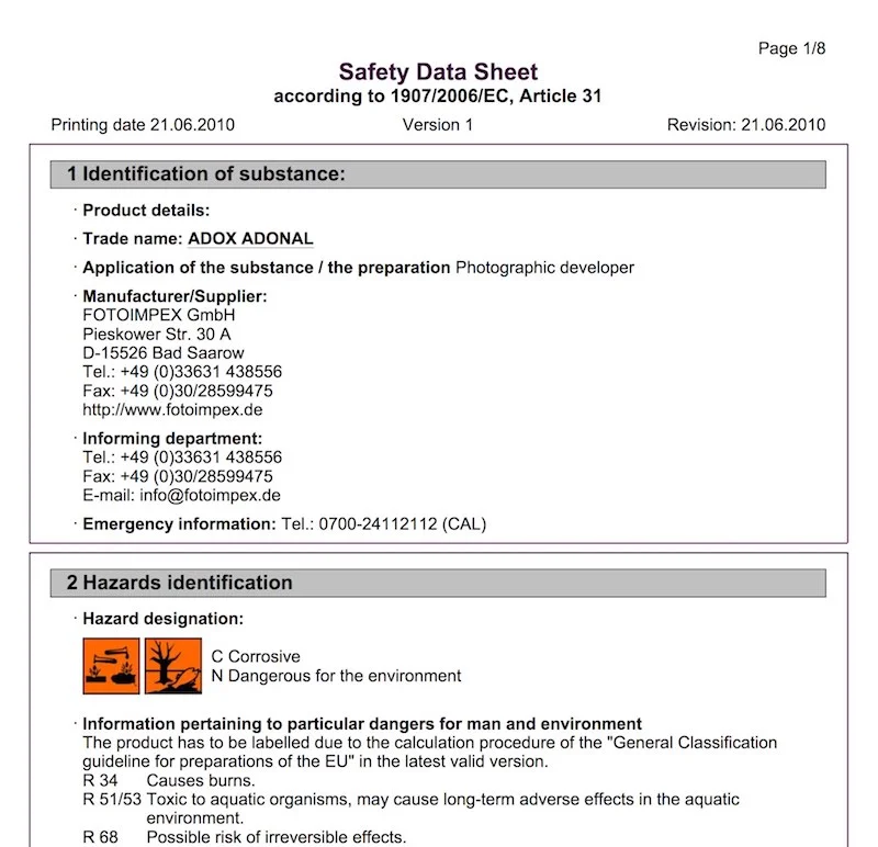 Adox Adonal Material Safety Data Sheet