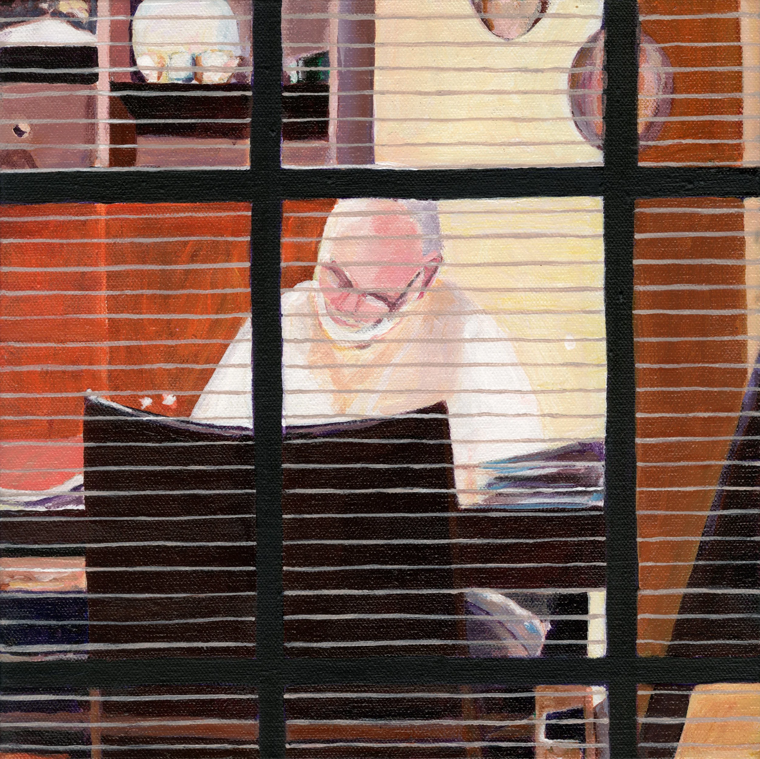 "Chuck Working". 12" x 12", Acrylic on Canvas, 2017.