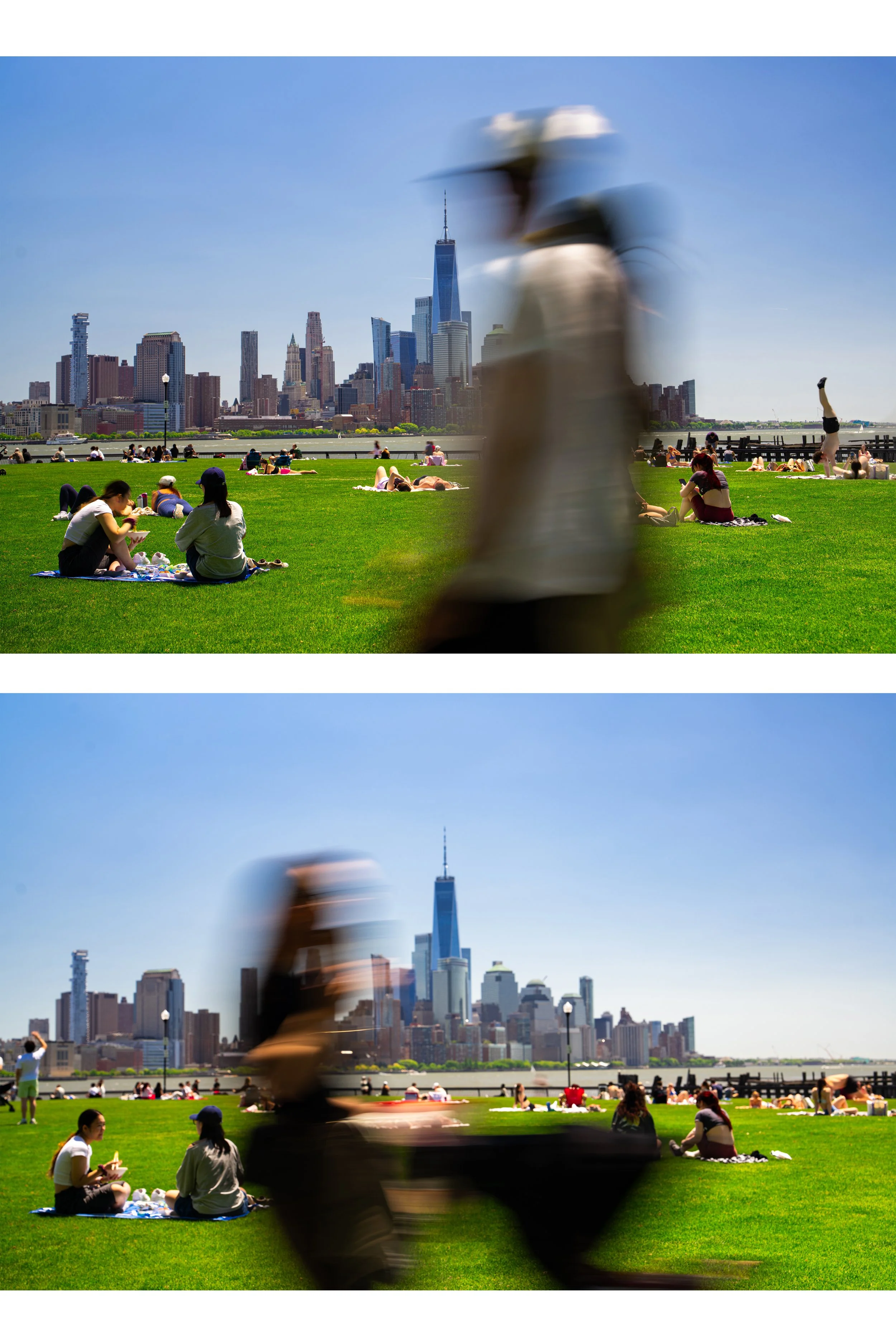 Long-exposure photograph capturing motion-blurred figures walking across a sunny green lawn at Pier A Park with Lower Manhattan skyscrapers across the Hudson River.