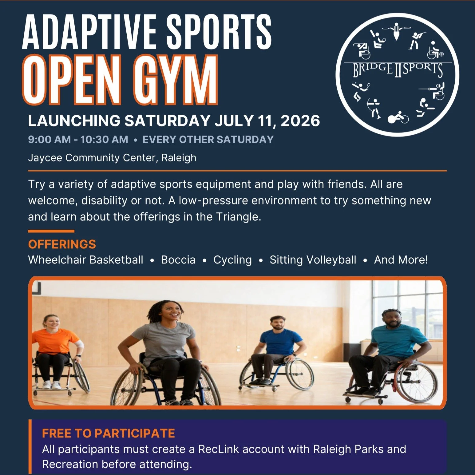 Calling all adaptive athletes.. BridgeIISports is holding an open gym event at Jaycee Community Center. Try your hand at a variety of adaptive sports!