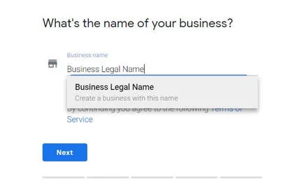Business legal name form screenshot