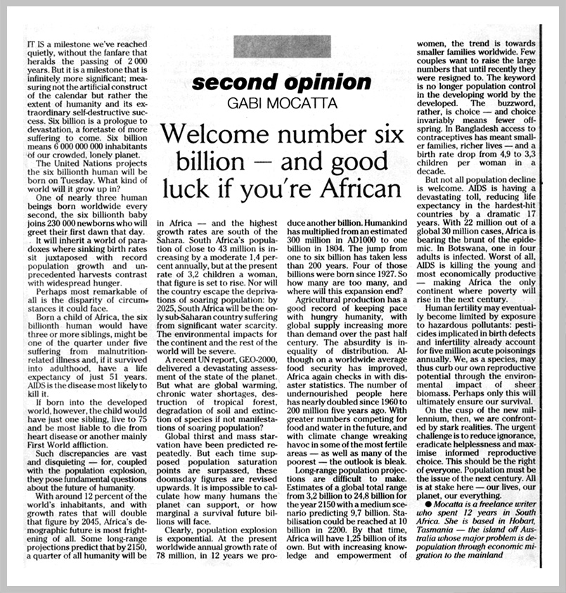 The Johannesburg Sunday Times — Welcome number six billion — and good luck if you're African