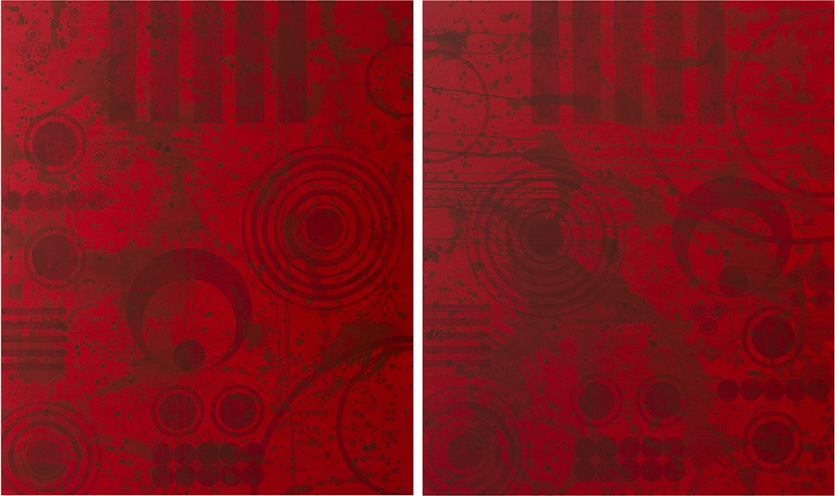 J. Steven Manolis, REDWORLD GLAZE 2017; Diptych, 2017, Acrylic on canvas, 72 x 120 inches. 2 panels, 72 x 60 inches each. Gifted to the Coral Springs Art Museum, Coral Springs, FL. 2017.01 & 2017.2
