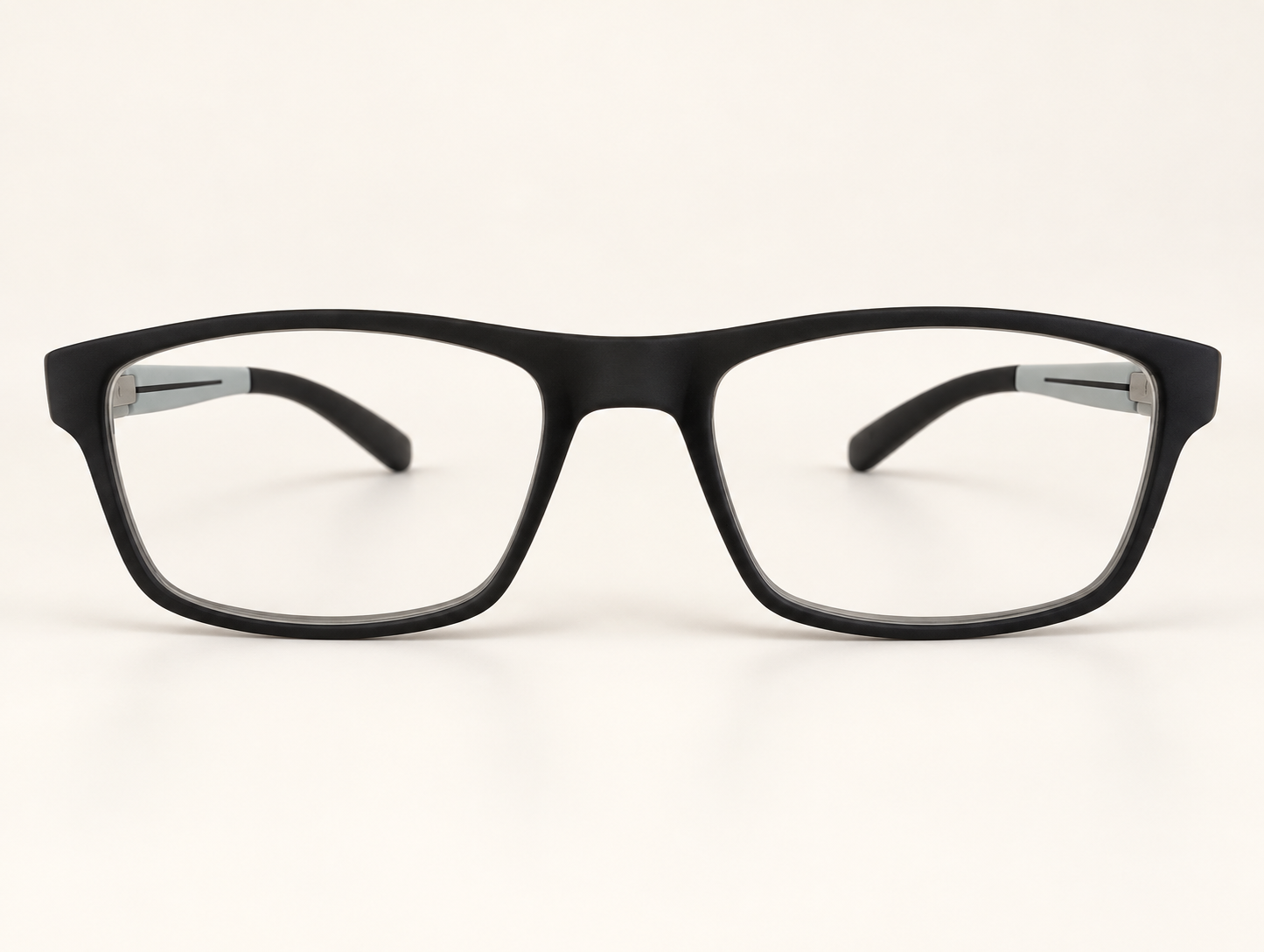 Front view of 2624 black rectangular reading glasses with grey arms and a matte finish