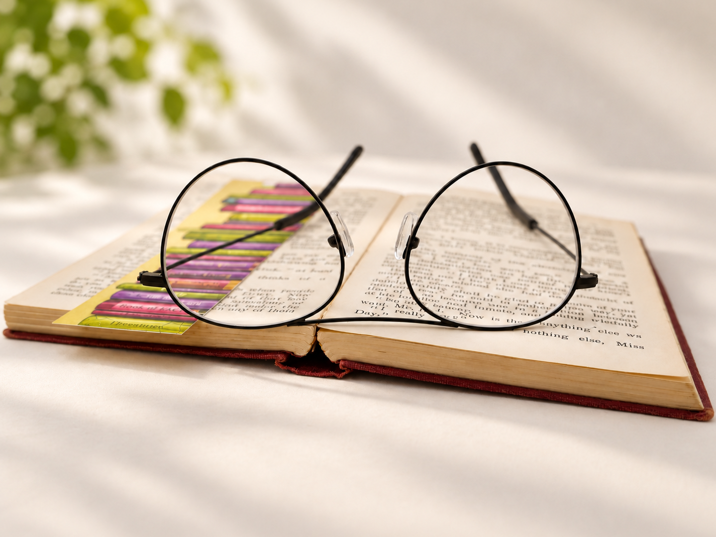 Dylan black aviator reading glasses on an open book, with a softly blurred plant behind