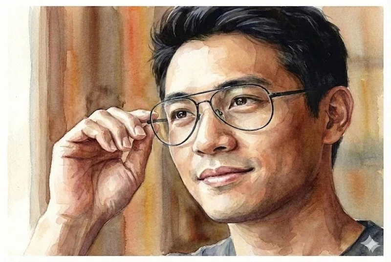 Watercolour portrait of a man wearing Dylan black metal aviator-style reading glasses, looking upwards and adjusting the frame.