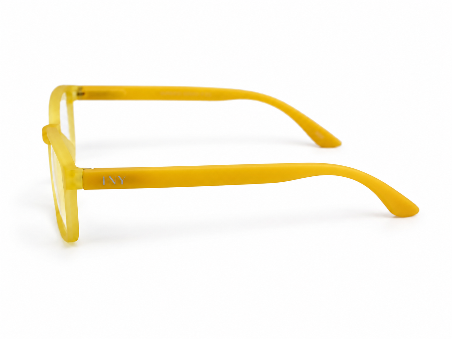 Side view of yellow Rainbow reading glasses showing the INY logo on the temple