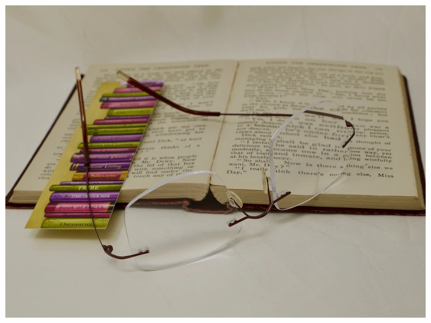 rimless spectacles on an open book