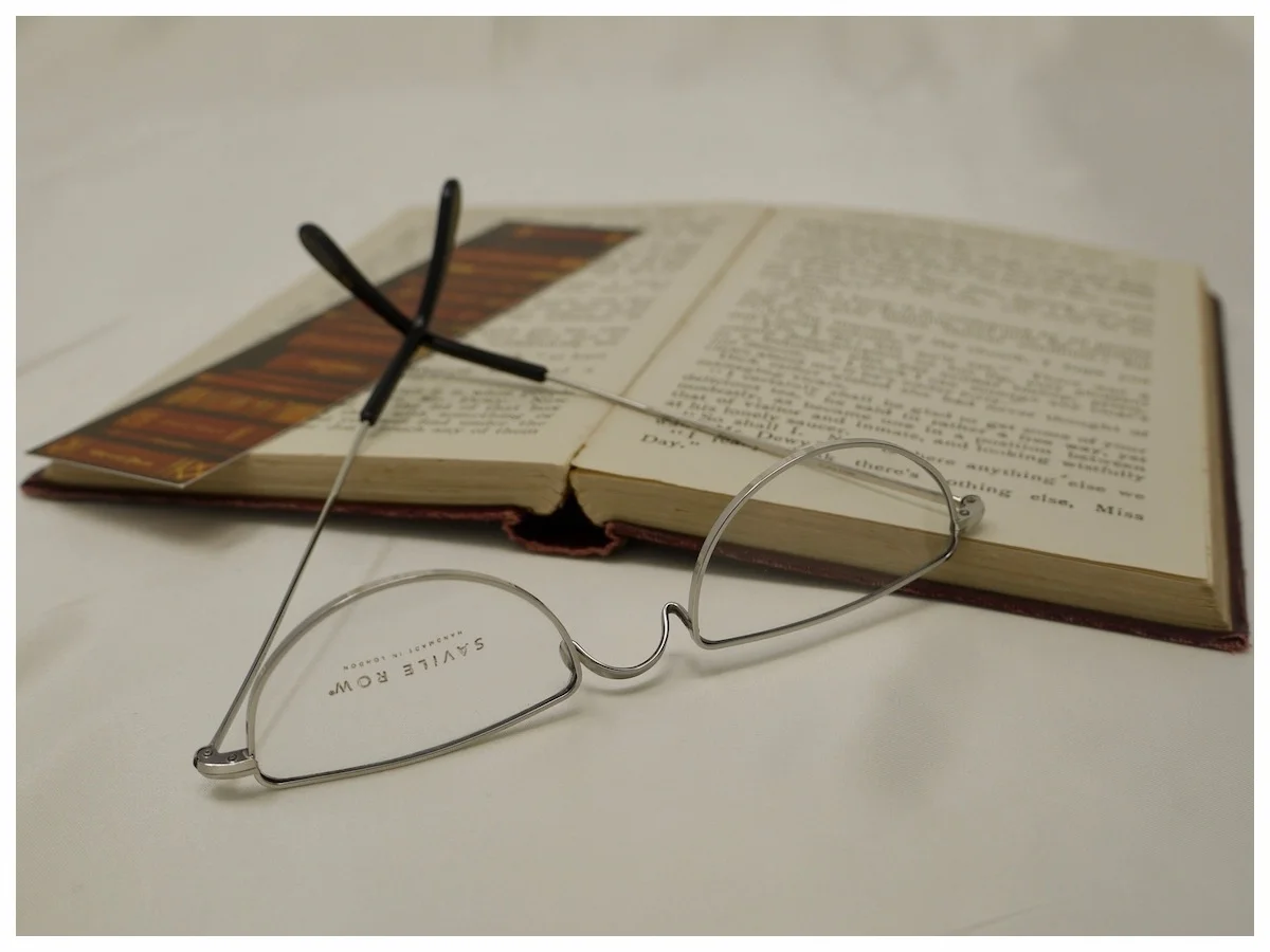 traditional pair of half-moon reading glasses, hand-made frame by Savile Row Eyewear, London