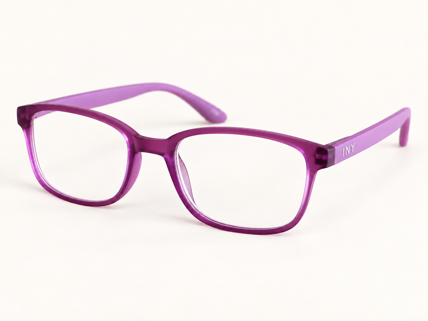 Lilac Rainbow reading glasses viewed from the front and side, showing INY lettering on the temple