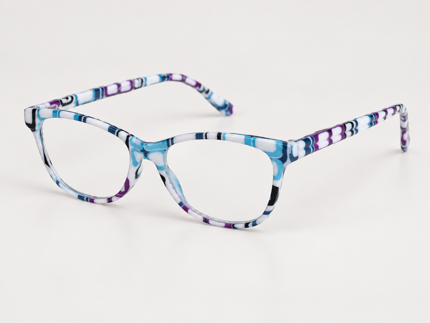 L56 reading glasses with a white, blue and purple geometric patterned frame, shown at a three-quarter angle.