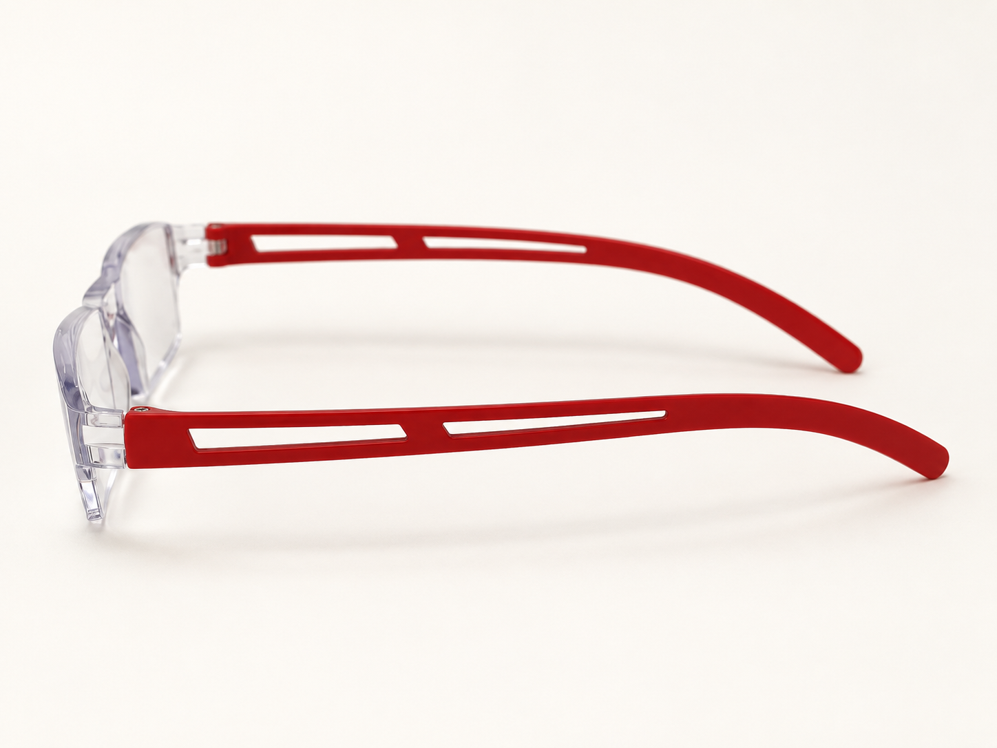 Side view of Joy Red reading glasses showing the red cut-out arms