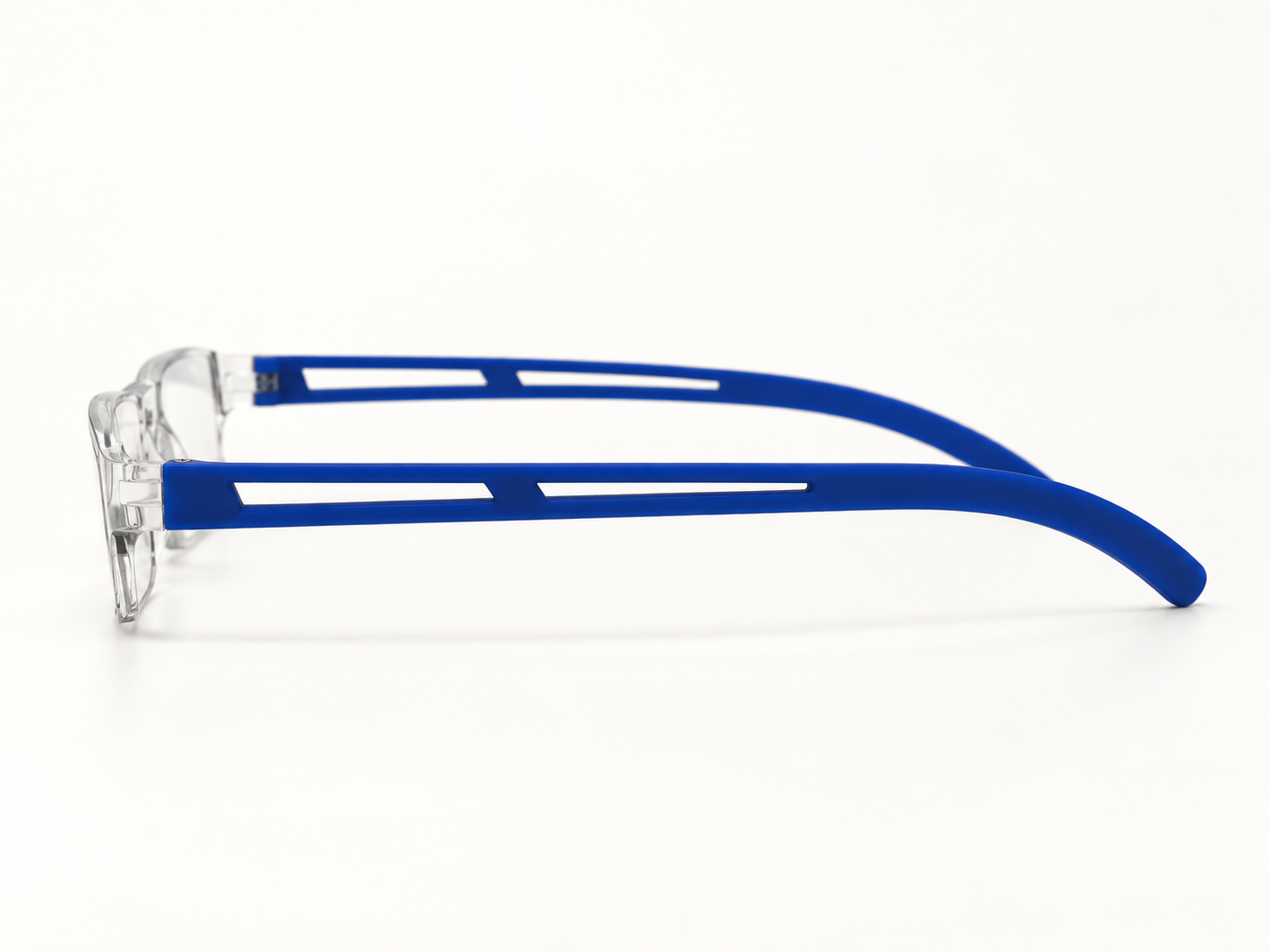 Joy Blue reading glasses with clear front and cobalt blue slotted temples, shown in side profile