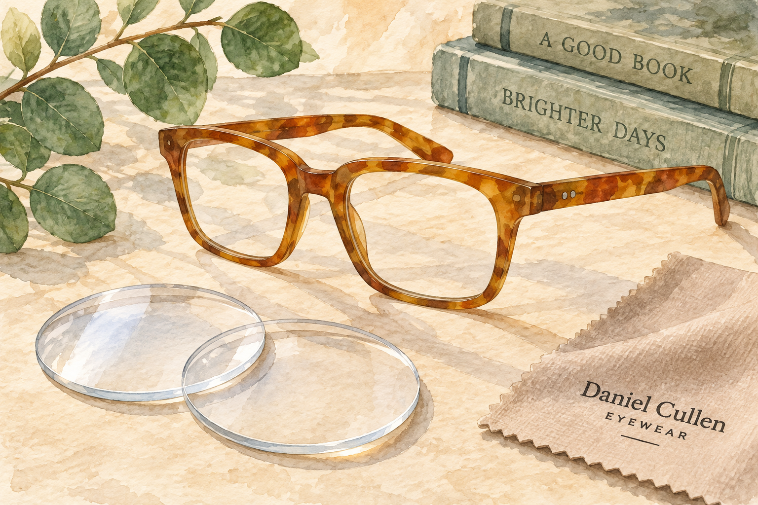 Watercolour illustration of reading glasses and spectacle lenses