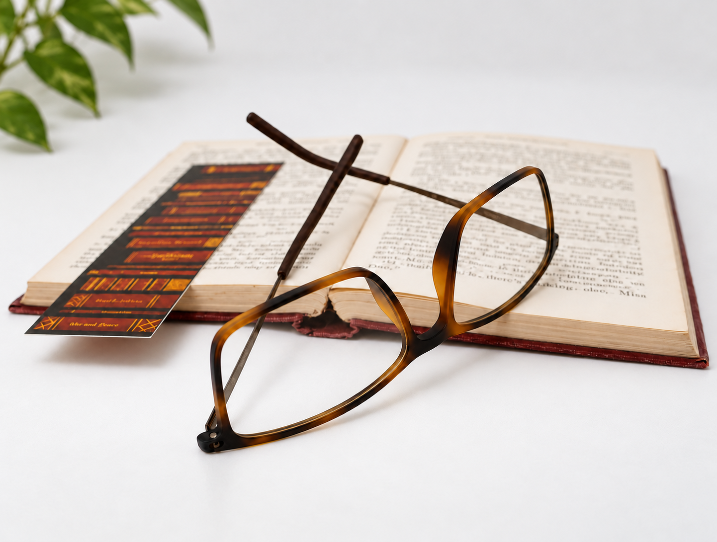 B-362 brown mottled reading glasses beside an open book