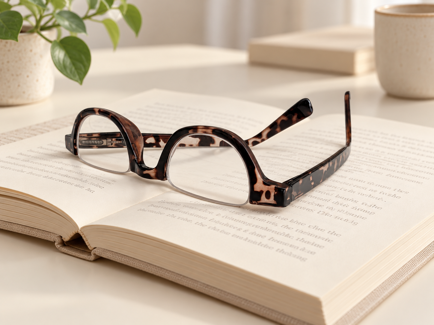 Cove tortoiseshell half-eye reading glasses resting upside down on an open book beside a green plant