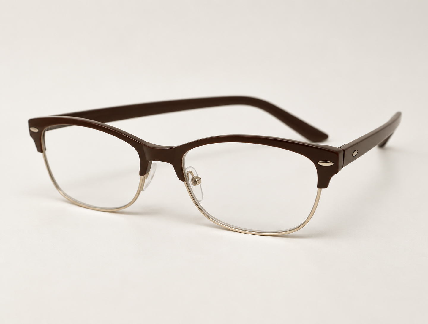 C-2341 reading glasses with a brown browline, thin metal lower rims and clear nose pads, shown at a three-quarter angle