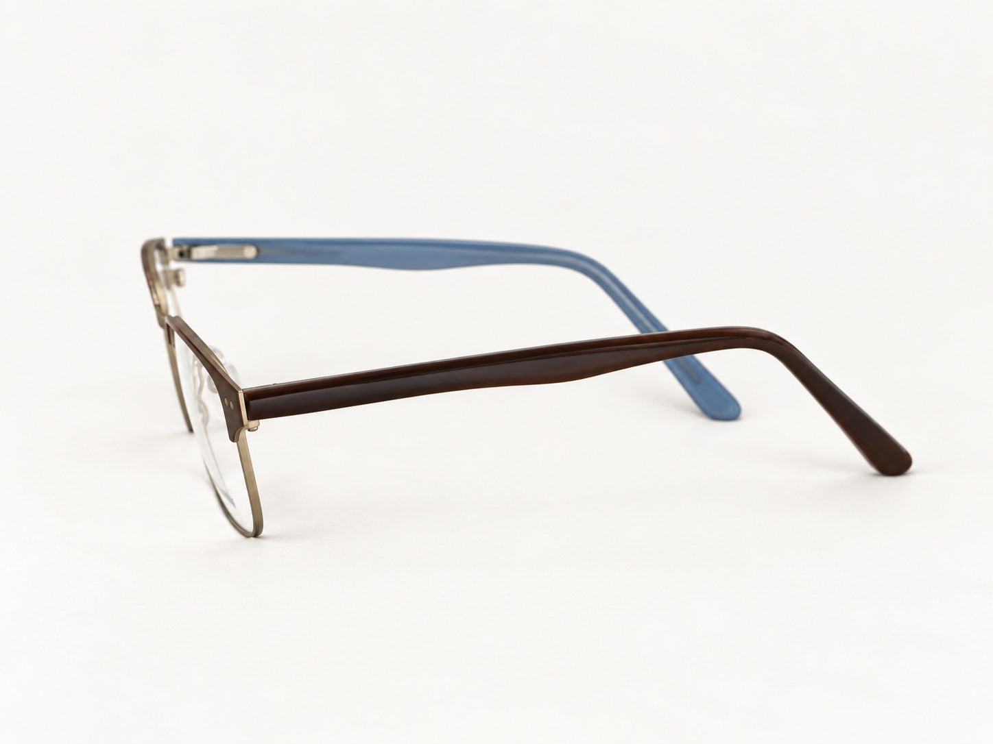Side view of Jacob Stone Rio-501 reading glasses showing the brown outer arm and pale blue inner arm