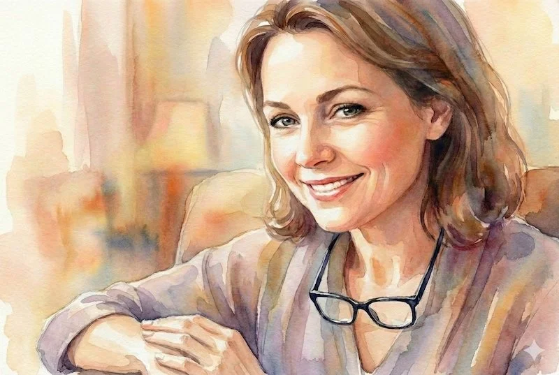 Watercolour illustration of a woman wearing Hangover Panto Blue reading glasses hanging conveniently around her neck, featuring ultra-long temples.