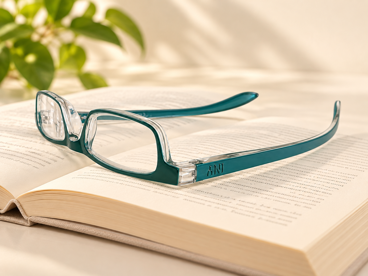 Zipper teal reading glasses resting upside down on an open book beside a green plant