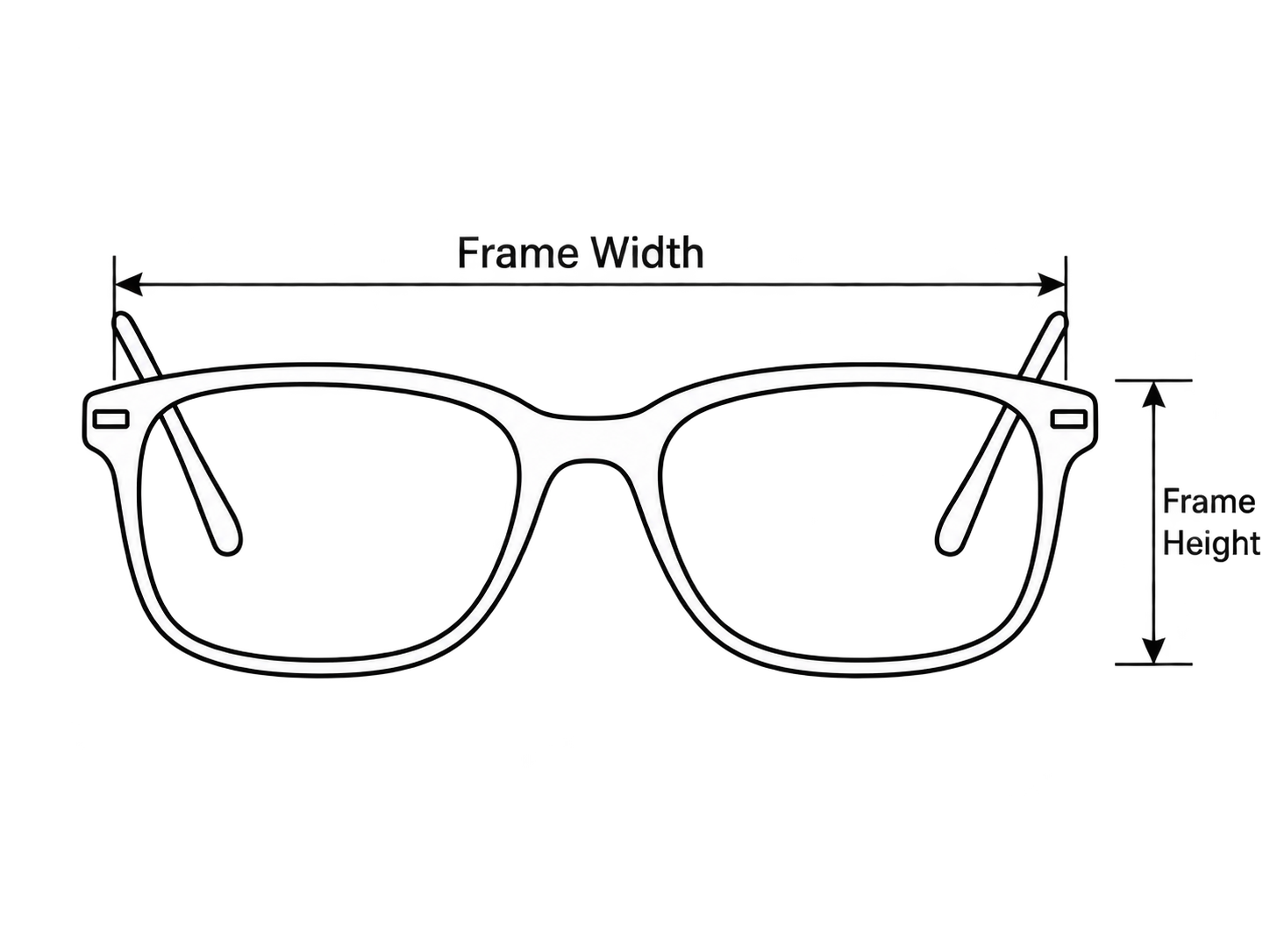 Diagram showing how frame width and frame height are measured on reading glasses