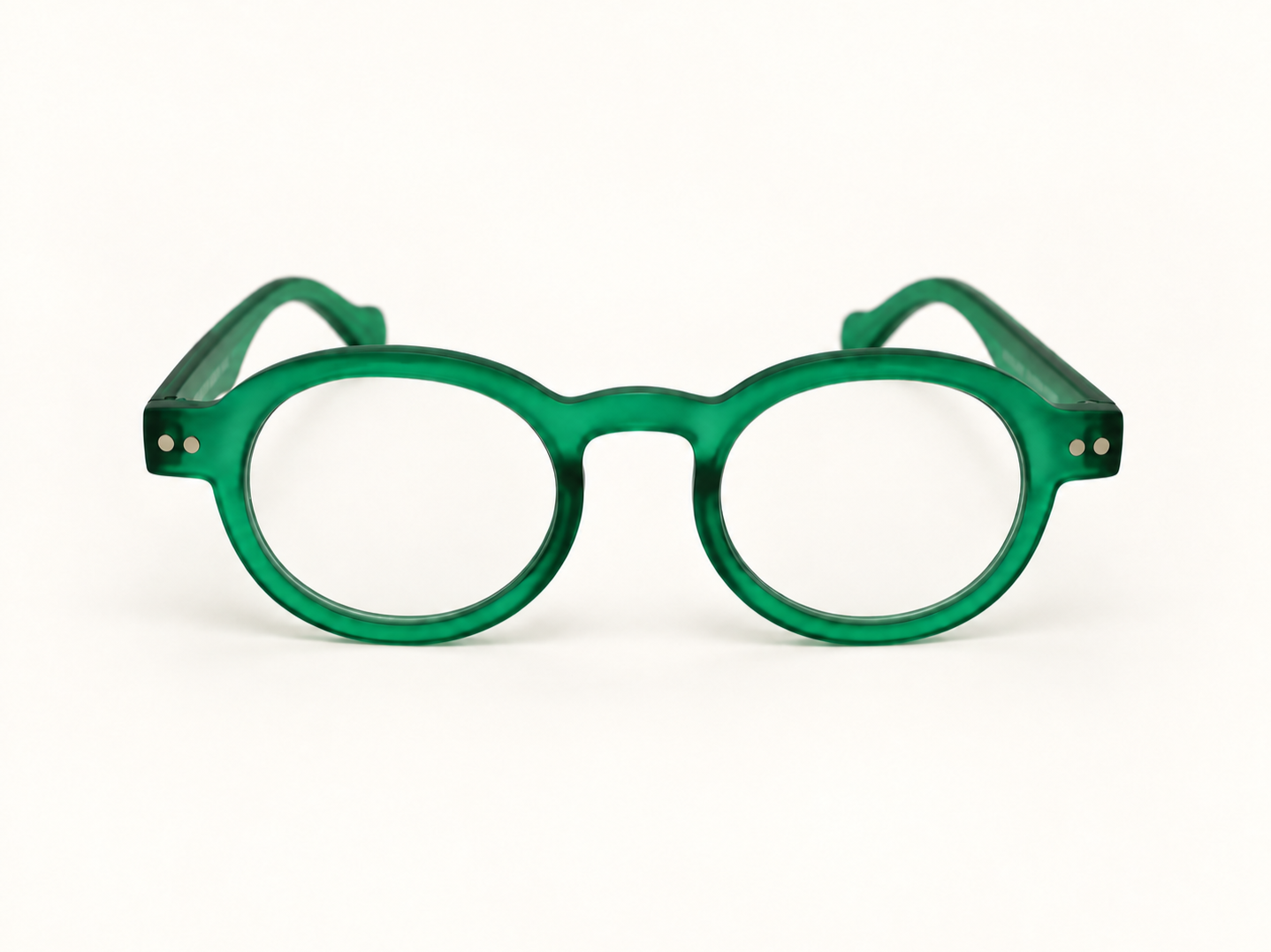 Doctor green reading glasses with a translucent rounded frame and metal pin details