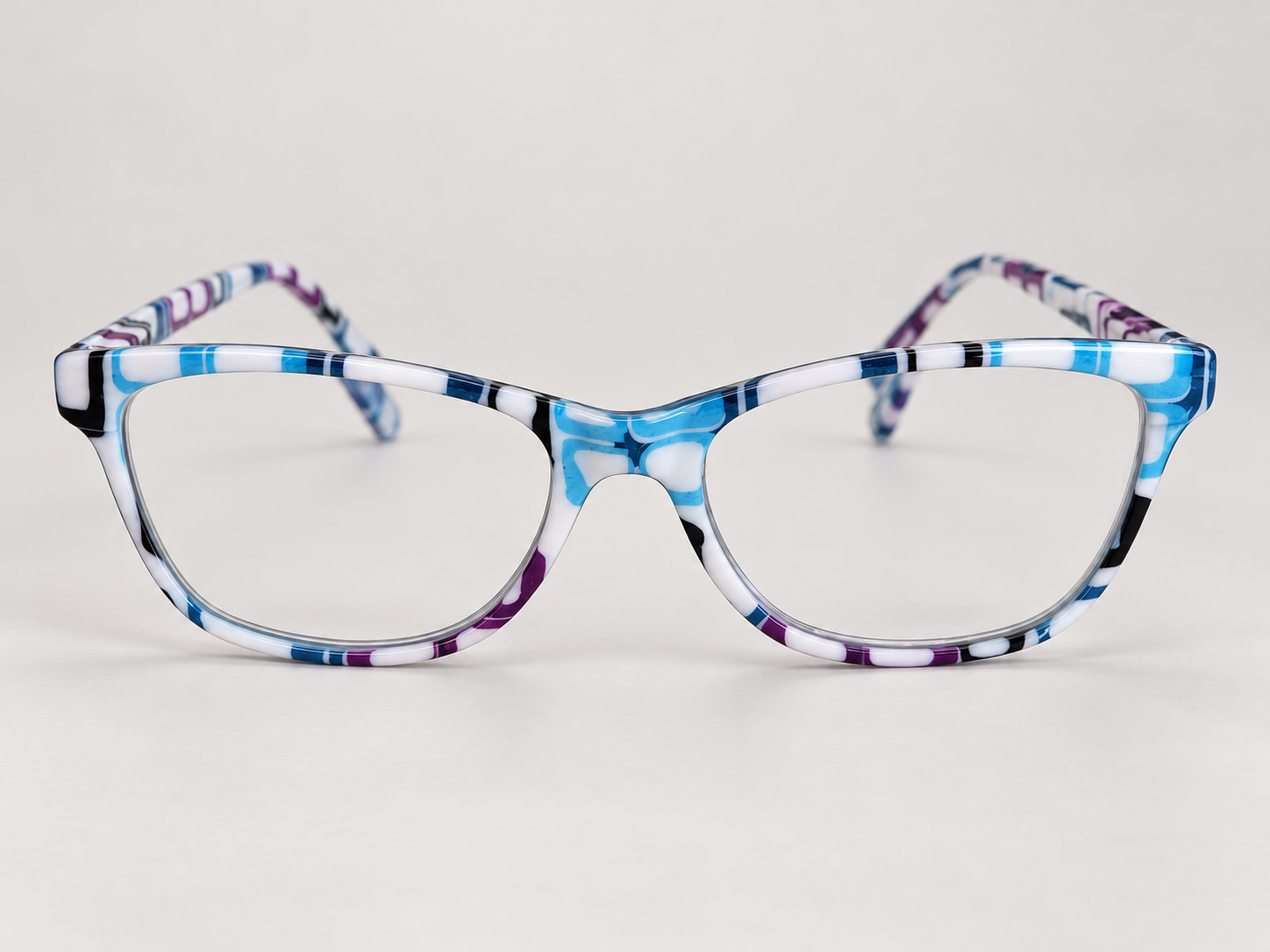 Front view of L56 full-frame reading glasses in a white, blue and purple geometric pattern.
