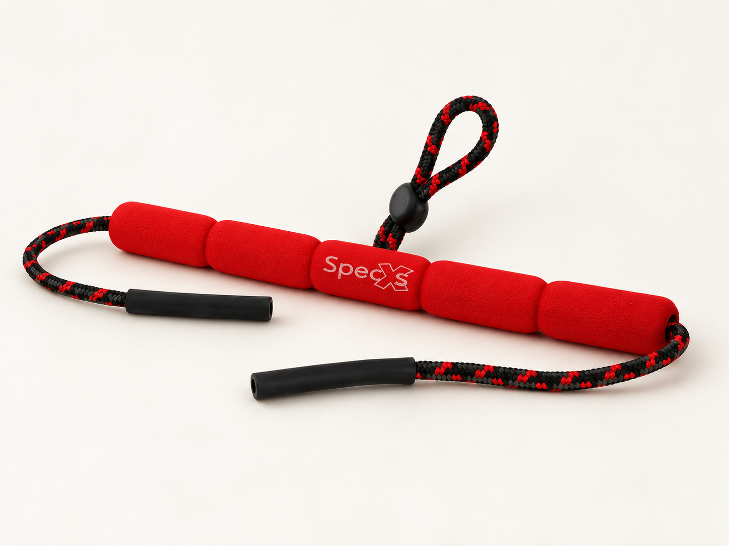 Red floating spectacle cord with red and black braided adjustment loop and two black end grips