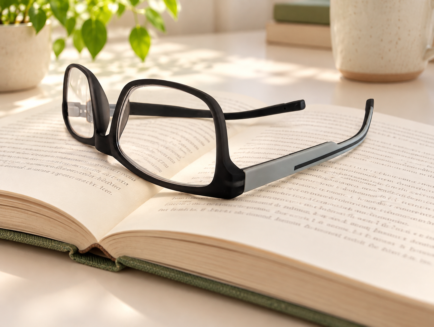 2624 black and grey reading glasses resting upside down on an open book beside a green plant