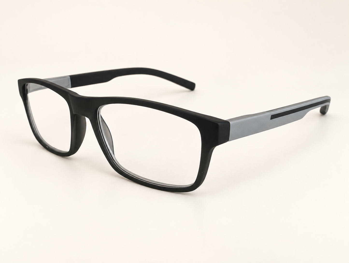 Angled view of 2624 black and grey reading glasses showing the soft-touch frame and black arm stripe
