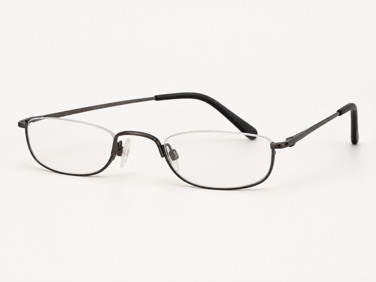 B-AV gunmetal half-rim reading glasses with lower metal rims, clear nose pads and slim open arms, viewed from a slight angle