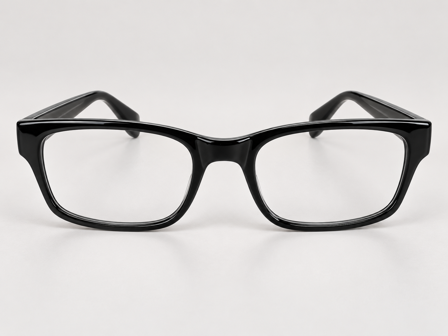 Front view of Rowan black reading glasses with a glossy plastic rectangular frame