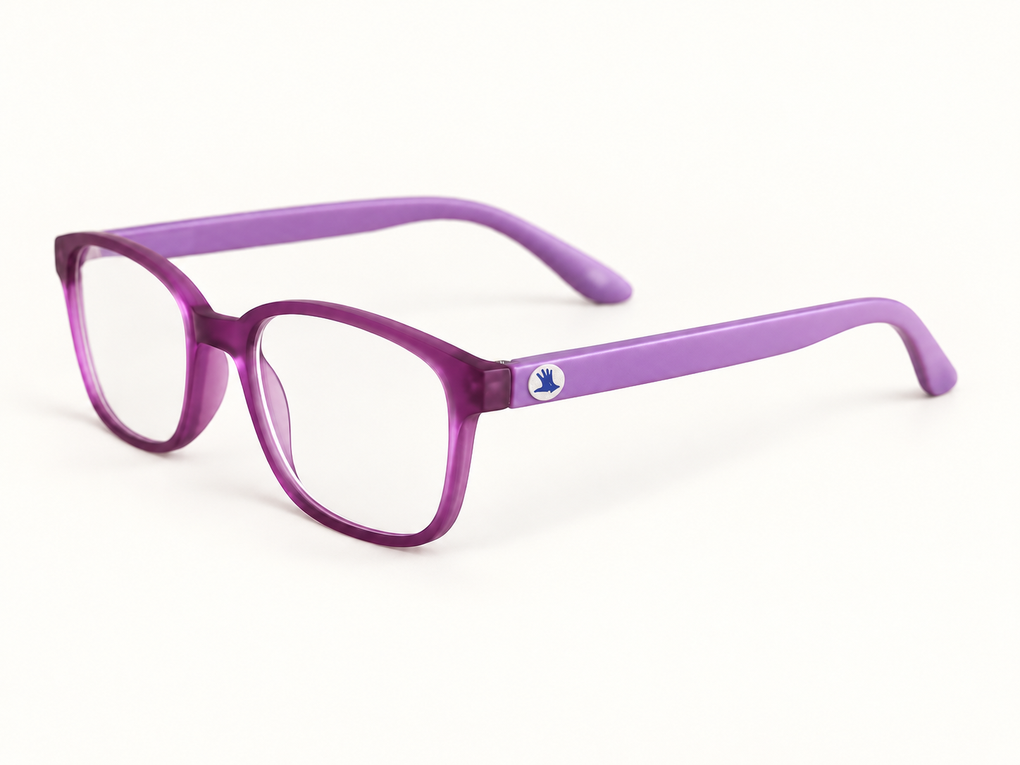Lilac Rainbow reading glasses in a side view, showing the circular blue hand emblem on the temple