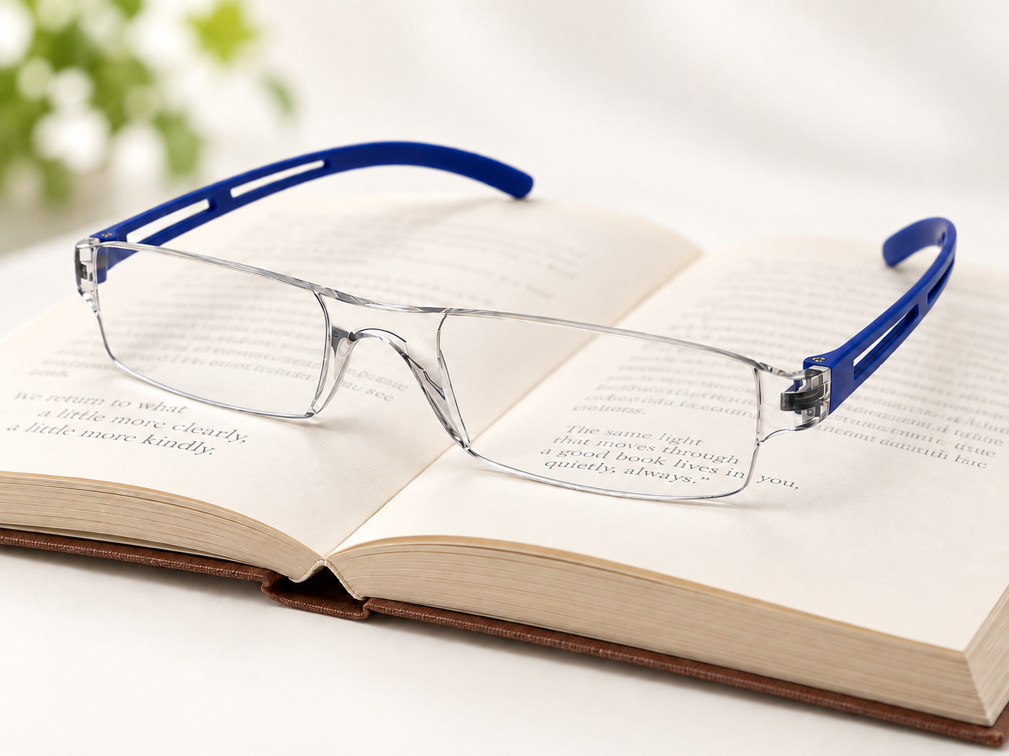 Joy Blue reading glasses with clear front and cobalt blue slotted temples resting on an open book