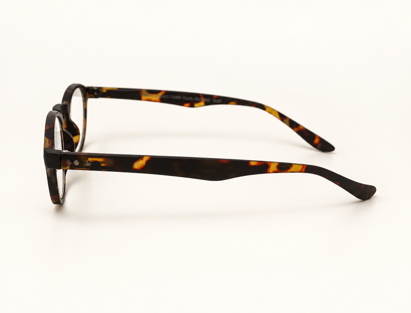 Side view of Havana Hangover Panto reading glasses showing the extra-long curved temples