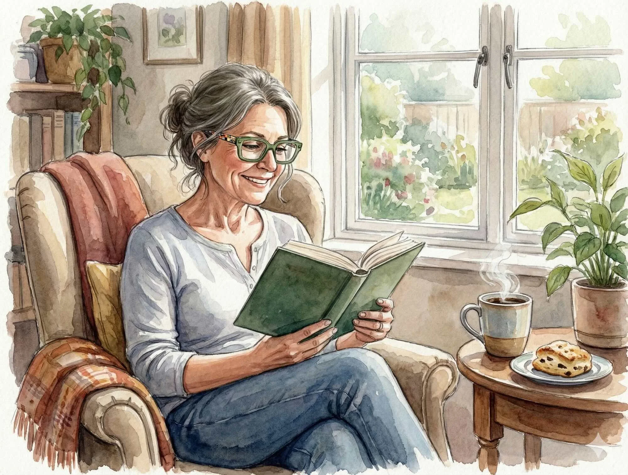 A watercolor illustration of a smiling middle-aged woman sitting in a cozy armchair by a window, absorbed in reading a book. She is wearing thick green square-framed reading glasses. A steaming mug of coffee and a scone rest on a small side table.