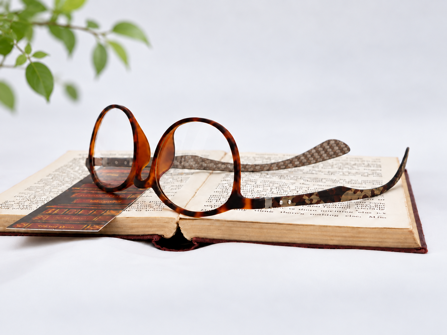 Jacob Stone Sky 16049 brown reading glasses resting on an open book