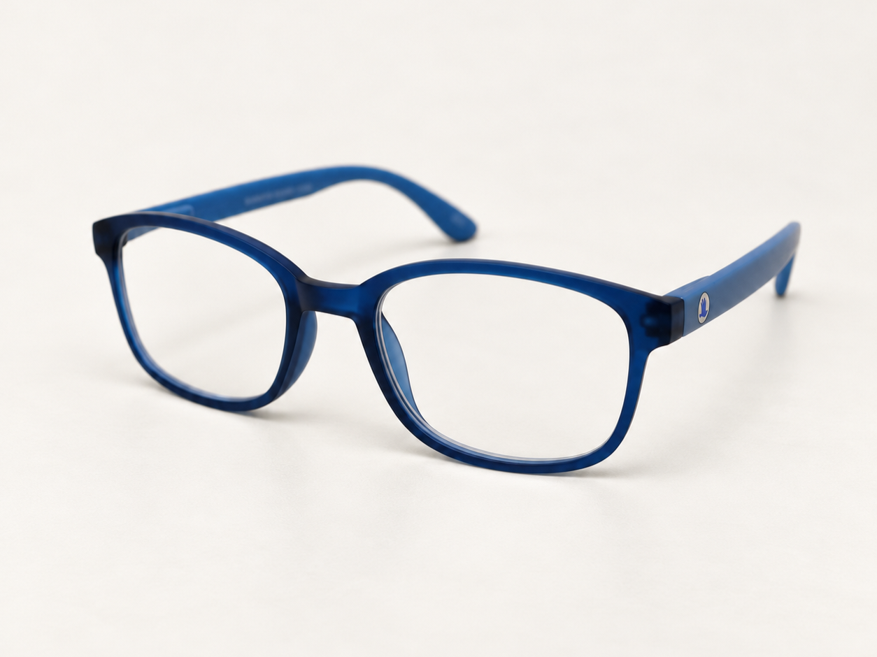 Rainbow blue reading glasses shown at a three-quarter angle, with blue frame and temples