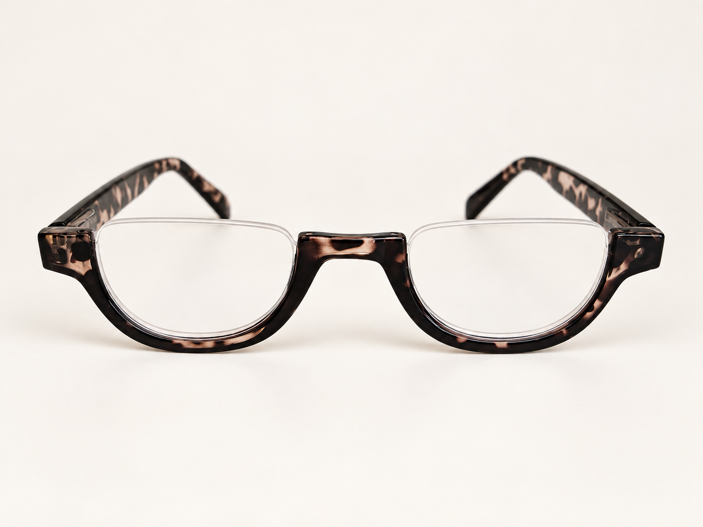 Front view of Cove tortoiseshell half-eye reading glasses with open-top lenses