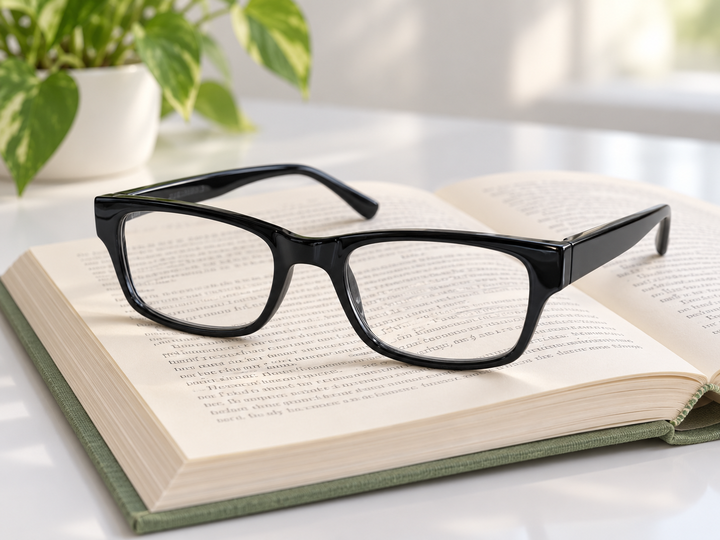 Rowan glossy black rectangular reading glasses resting on an open book beside a green plant