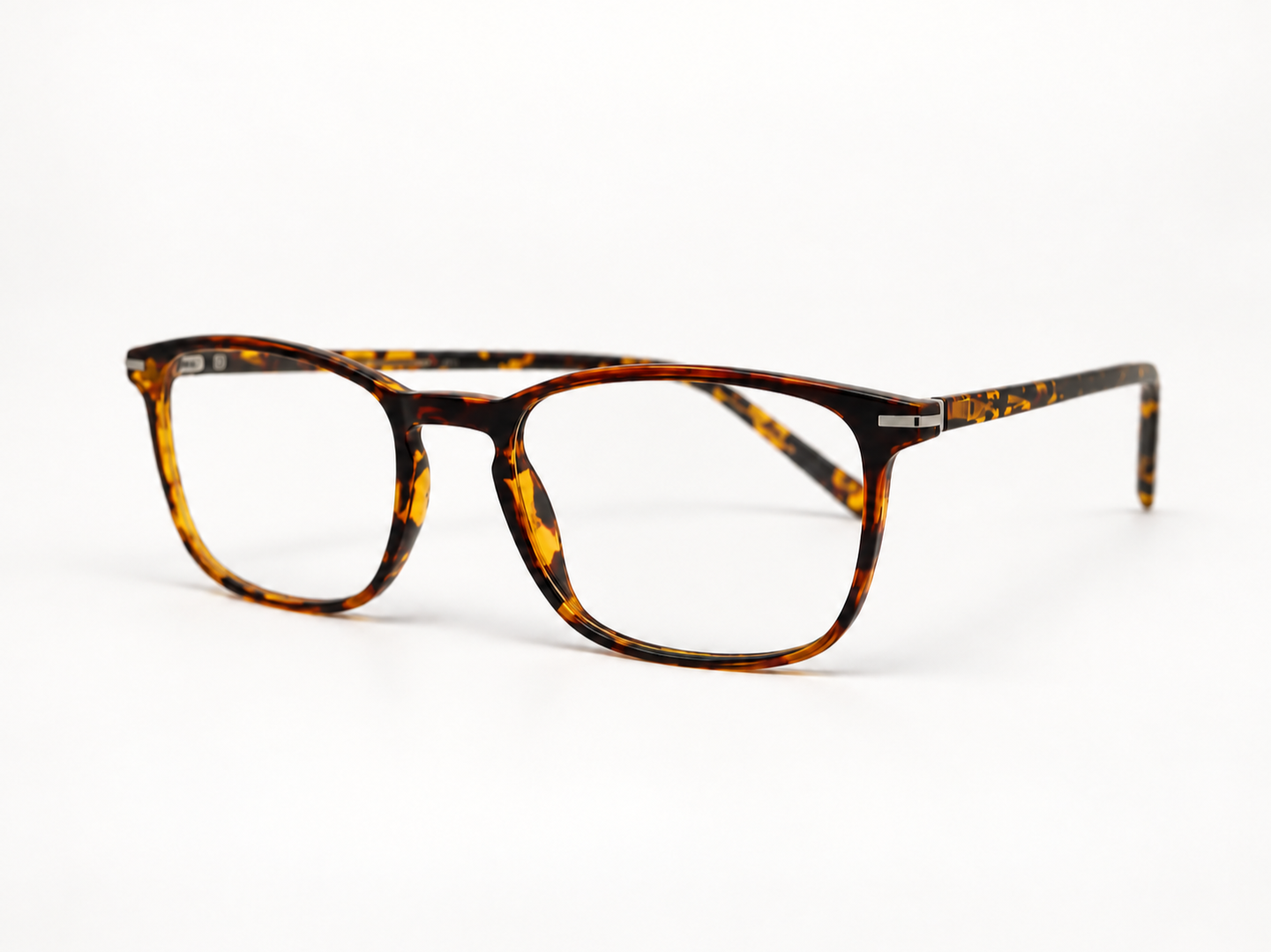 Angled view of B-AC9D tortoiseshell reading glasses showing the frame and temple