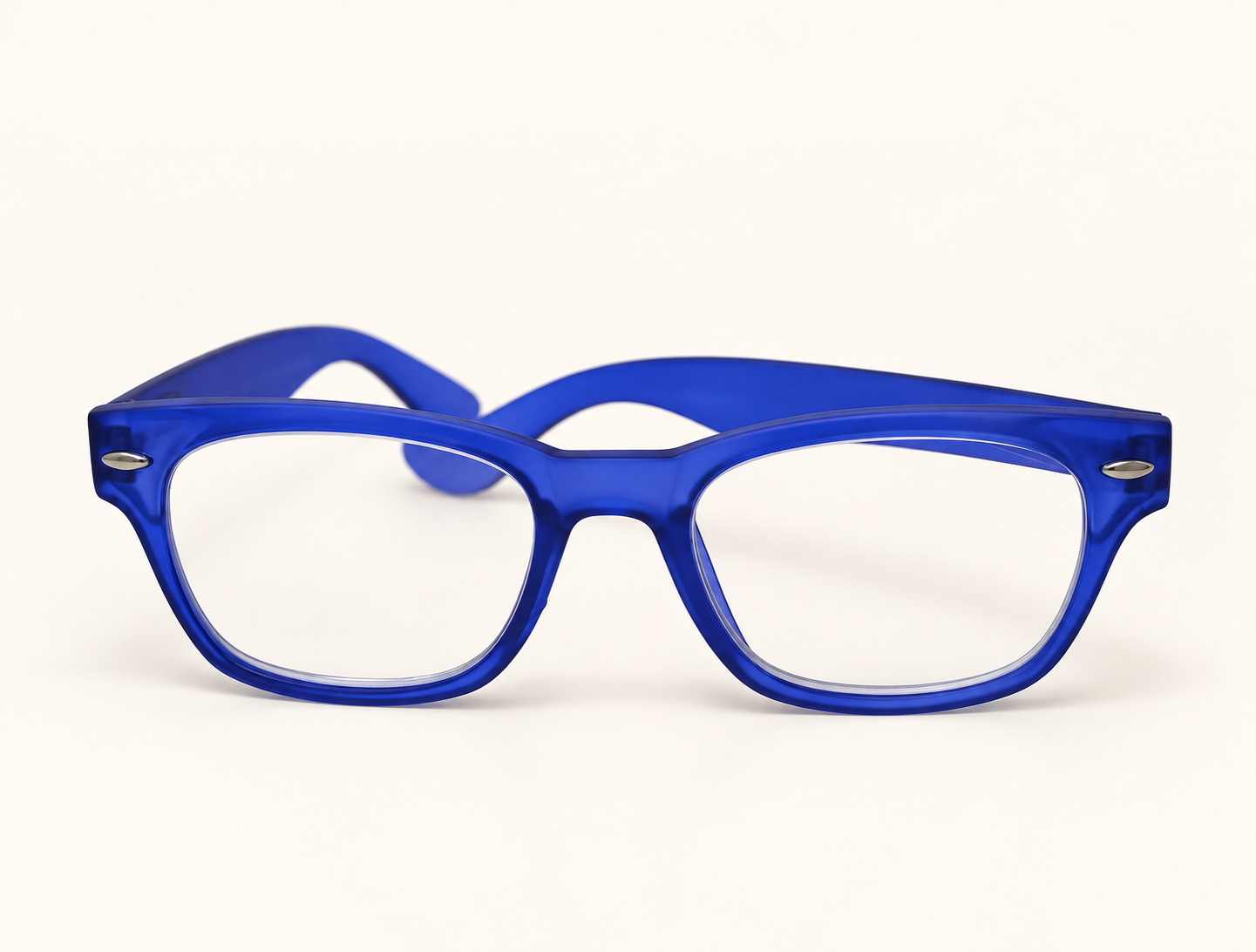 Woody bright blue retro reading glasses viewed from the front